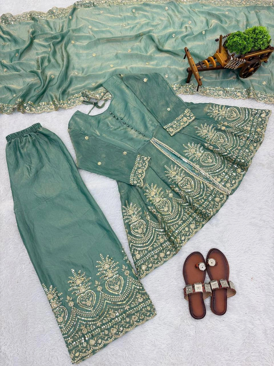 Sage Green Sequins Mirror Work Suit flat lay 13 – Kalyanja KU304